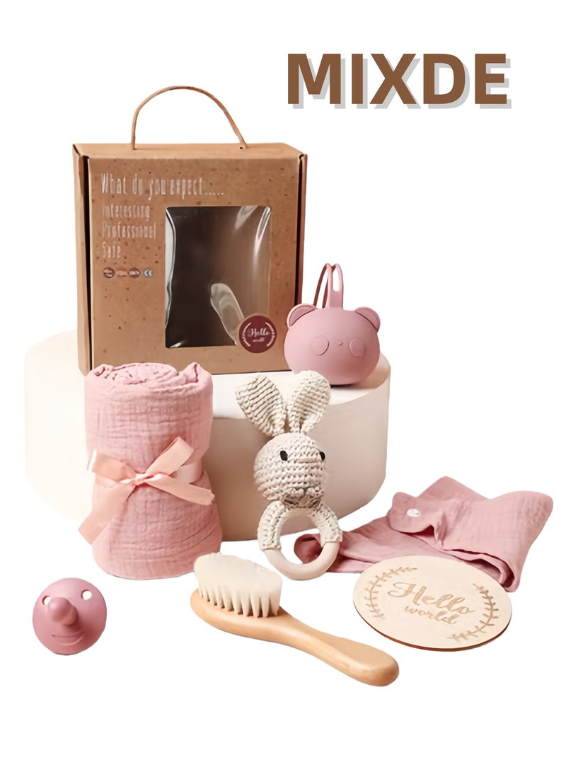 ميكسد مجموعة هدايا للاطفال حديثي الولادة، مجموعة مستلزمات استحمام للاطفال حديثي الولادة مع بطانية اطفال خشخيشة، هدية للبنات حديثي الولادة وهدايا للاولاد الرضع لحفلات استقبال المولود الجديد، وردي - Image 1